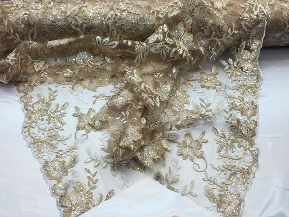 Light gold/Ivory modern flower design embroider on a mesh with sequins & metallic cord-prom-nightgown-decorations-sold by the yard.