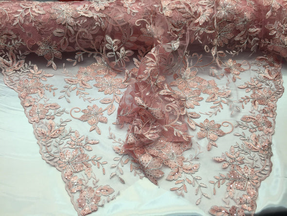 Pink/light pink modern flower design embroider with sequins and metallic cord-prom-nightgown-decorations-sold by the yard.