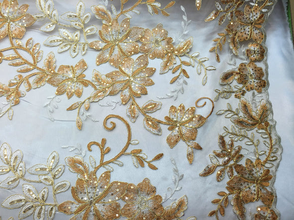 Gold/ivory modern flower design embroider on a mesh with sequins and metallic cord-prom-decorations-nightgown-sold by the yard