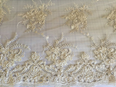 Ivory Marvy flower design embroider with glass beads & sequins on a mesh lace-prom-wedding-bridal-nightgown-decorations-sold by the yard.