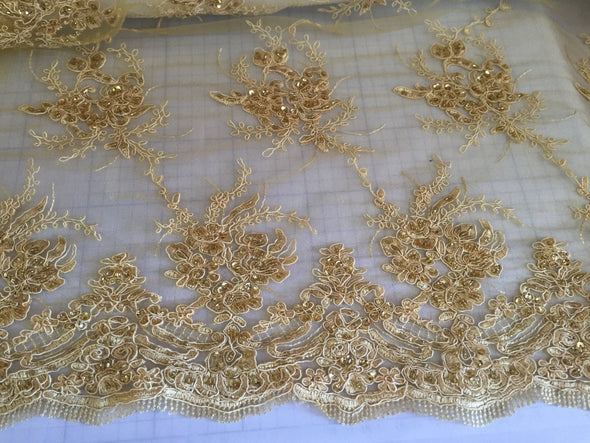 Gold marvy flower design embroider with glass beads and sequins on a mesh lace-prom-nightgown-decorations-sold by the yard.