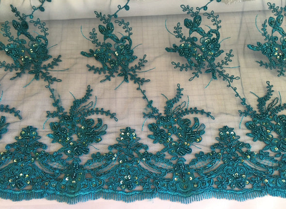 Teal marvy flower design embroider with glass heads and sequins on a mesh lace-prom-nightgown-decorations-sold by the yard.
