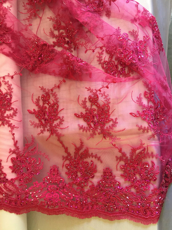 Fuchsia marvy flower design embroider with glass beads and sequins on a mesh lace-prom-nightgown-decorations-sold by the yard.