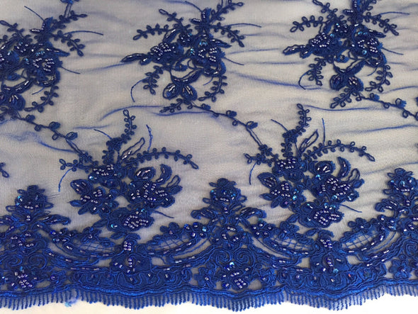 Royal blue marvy flower design embroider with glass beads and sequins on a mesh lace-prom-nightgown-decorations-sold by the yard.