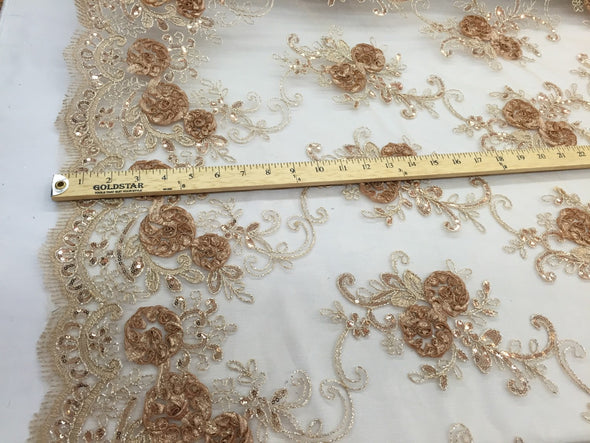 Caramel/mocha 3d flowers embroider with sequins on a nude mesh. Wedding/bridal/prom/nightgown fabric. Sold by the yard.