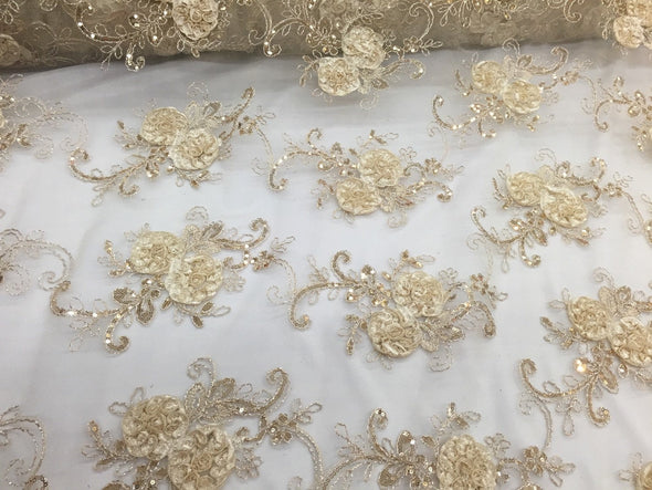 Champagne 3d flowers embroider with sequins on a champagne mesh lace. Wedding/bridal/prom/nightgown fabric. Sold by the yard.