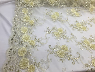 Dark Ivory 3D Flowers Embroider with sequins on a ivory mesh lace. Wedding/bridal/prom/nightgown fabric-Sold by the yard.