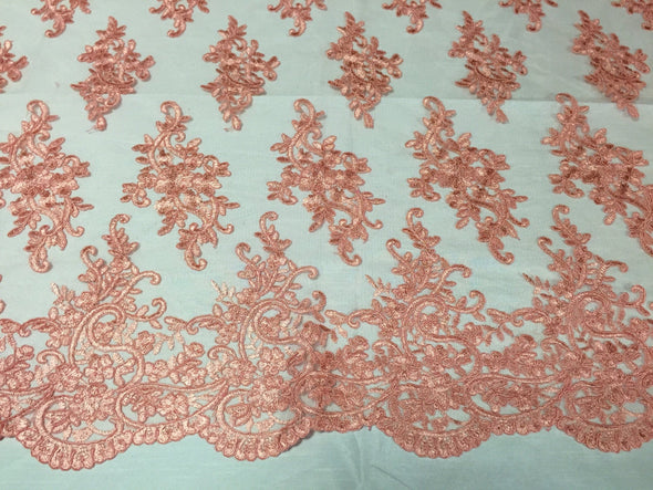 Coral classy paisley flowers embroider on a mesh lace -yard