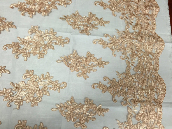 Champagne classy paisley flowers embroider on a mesh lace -yard