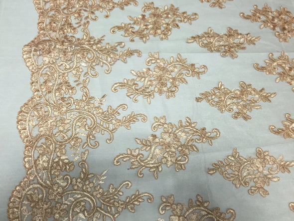 Champagne classy paisley flowers embroider on a mesh lace -yard