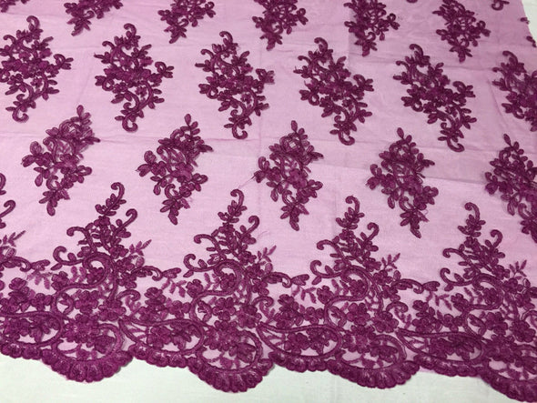 Fuchsia classy paisley flowers embroider on a mesh lace -yard