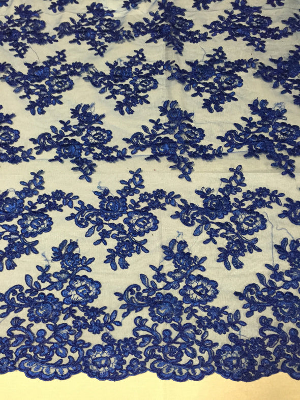 Royal blue modern roses embroider and corded on a mesh lace -yard