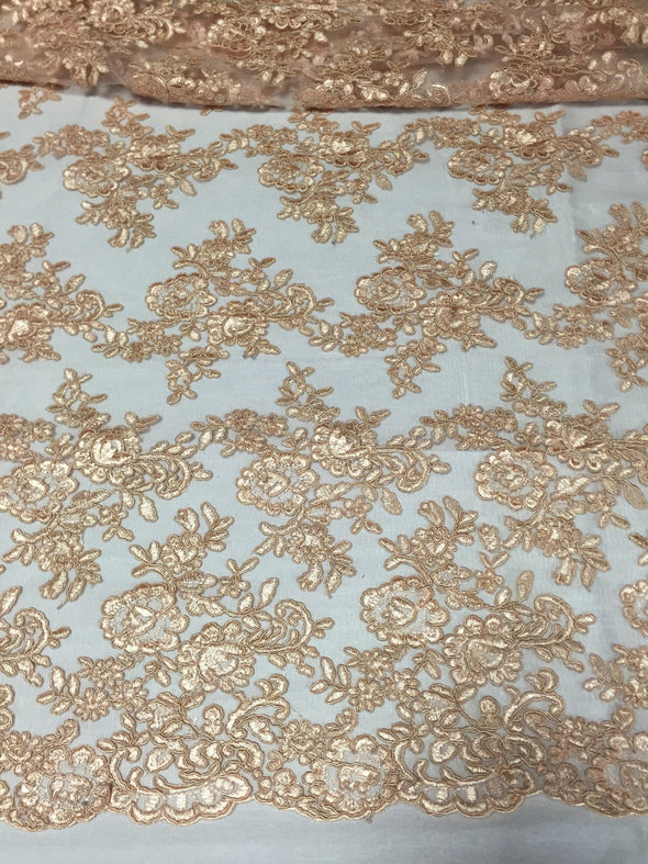Champagne modern roses embroider on a mesh lace -yard