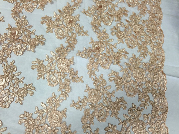 Champagne modern roses embroider on a mesh lace -yard