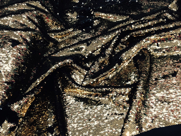 Gold/black hologram mermaid fish scales- 2 way stretch lycra- 2 tone flip flop sequins-prom-nightgown-decorations-sold by the yard.