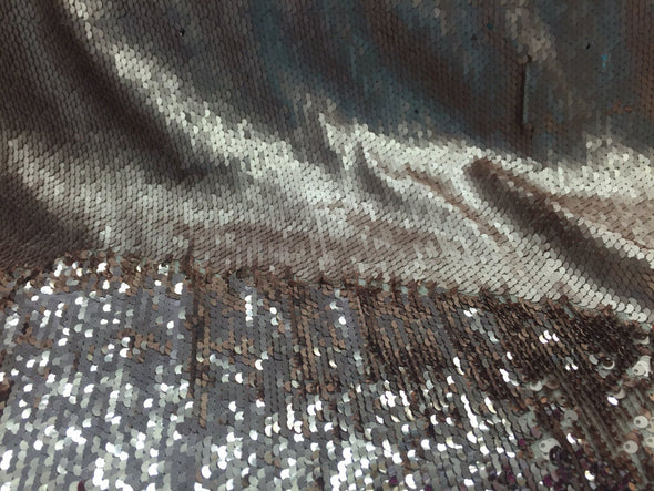 Matt gold/shinny rose gold hologram mermaid fish scales- 2 way stretch lycra- 2 tone flip flop sequins- sold by the yard.