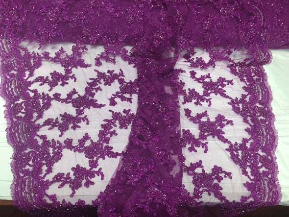 Violet flower tiara design embroider and beaded on a mesh lace-prom-nightgown-decorations-dresses-sold by the yard.