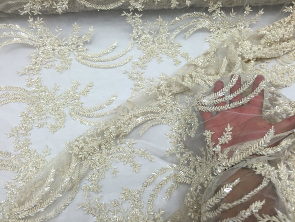 Dark ivory / cream divine flower design embroider and hevay beading on a mesh lace-wedding-bridal-prom-nightgown-sold by the yard.