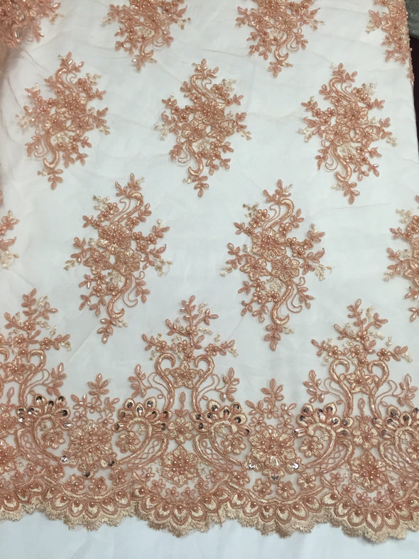 Peach marvelous design embroider and beaded on a mesh lace-prom-nightgown-decorations-dresses-sold by the yard.