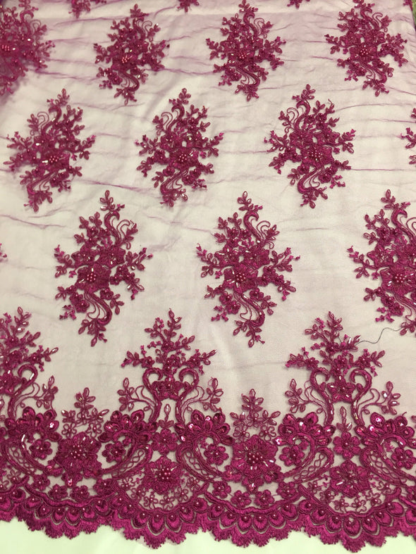 Magenta marvelous flower design embroider and beaded on a mesh lace-prom-nightgown-decorations-sold by the yard.