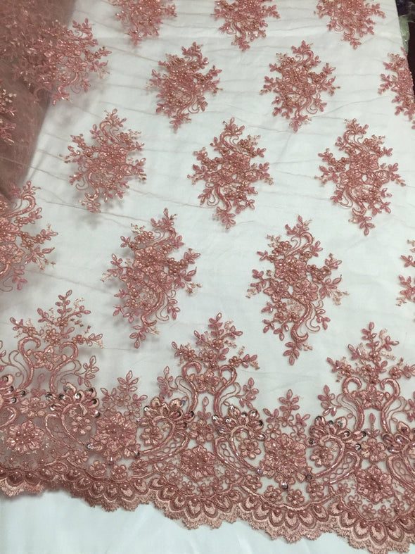 Dusty rose marvelous design embroider and beaded on a mesh lace-prom-nightgown-decorations-dresses-fashion-apparel-sold by the yard.