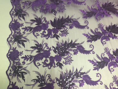 Purple paisley flowers embroider with sequins on a mesh lace fabric. Wedding-bridal-prom-nightgown fabric- sold by the yard.