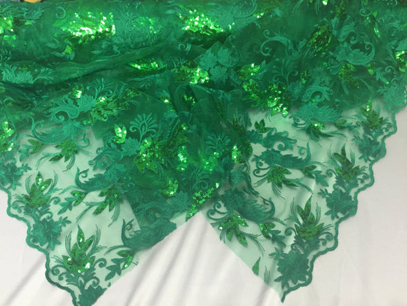 Green paisley flowers embroider with sequins on a mesh lace fabric- wedding-bridal-prom-nightgown fabric- sold by the yard.