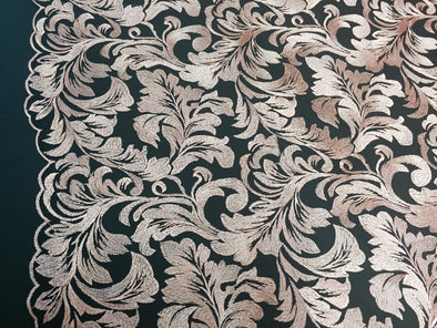 Dusty pink royalty leaf design-embroider on a black mesh lace fabric-wedding-bridal-prom-nightgown fabric. Sold by the yard.