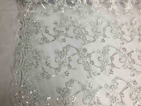 White/silver 3d flowers ribbon embroider with a metallic tread on a mesh lace fabric-wedding-prom-bridal-nightgown fabric-sold by the yard.