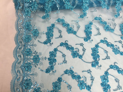 Turquoise 3d flowers ribbon embroider with a metallic tread on a mesh lace fabric-wedding-bridal-prom-nightgown fabric-sold by the yard-