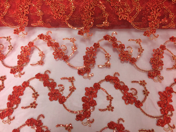Red/gold 3d flowers ribbon embroider with a metallic tread on a mesh lace fabric-wedding-bridal-prom-nightgown fabric-sold by the yard.