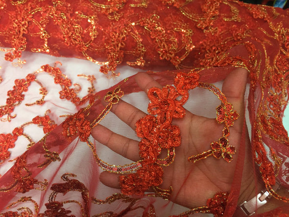 Red/gold 3d flowers ribbon embroider with a metallic tread on a mesh lace fabric-wedding-bridal-prom-nightgown fabric-sold by the yard.