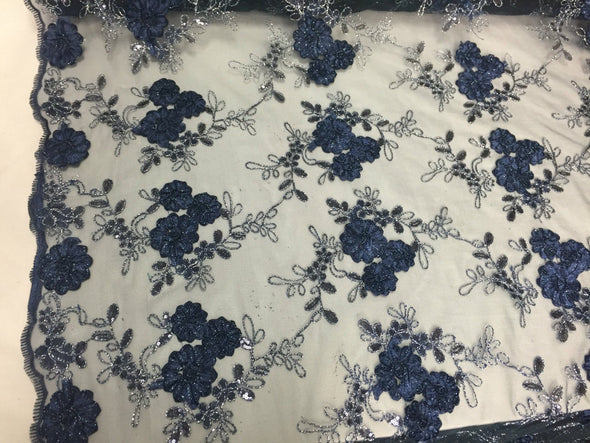 Navy blue 3d ribbon flower embroider with a metallic tread and sequins on a mesh lace fabric-wedding-bridal-prom-nightgown-sold by the yard.