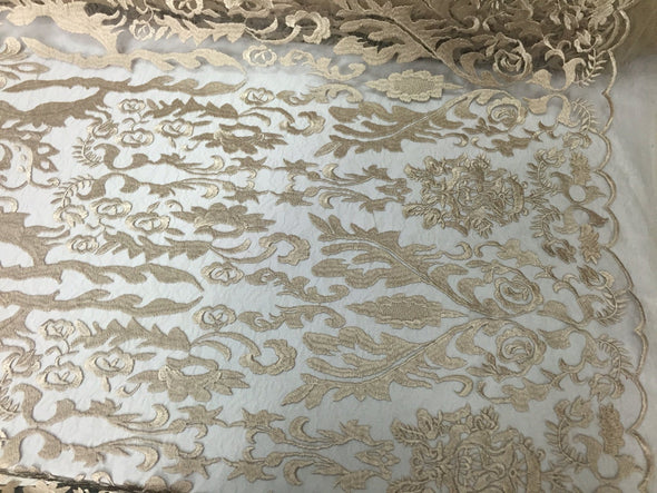 Champagne damask design embroider on a 2 way stretch mesh lace fabric-wedding-bridal-prom-nightgown-Sold by the yard-