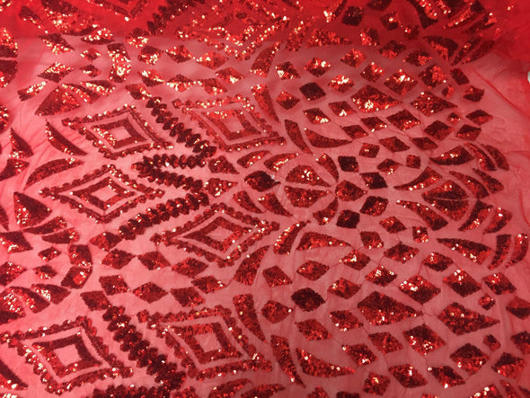 Red diamond burst design embroider with sequins on a mesh lace fabric-wedding-bridal-prom-nightgown-dresses-decorations-sold by the yard.