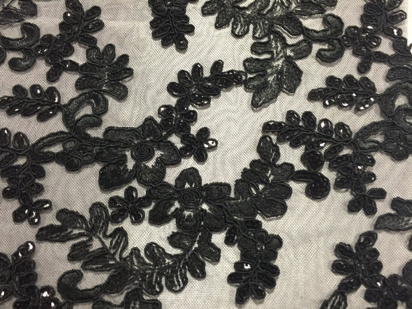 Black corded flowers embroider with sequins on mesh lace fabric - yard
