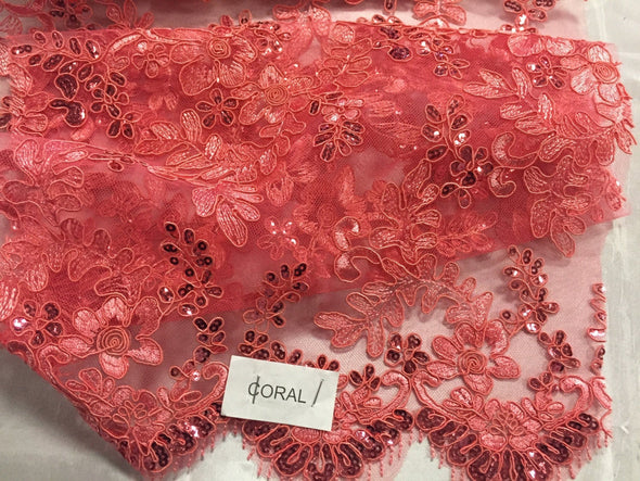 Coral corded flowers embroider with sequins on mesh lace fabric-peom-nightgown-decorations-sold by the yard