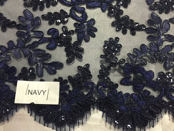 Navy blue corded flowers embroider with sequins on a mesh lace fabric-sold by the yard-