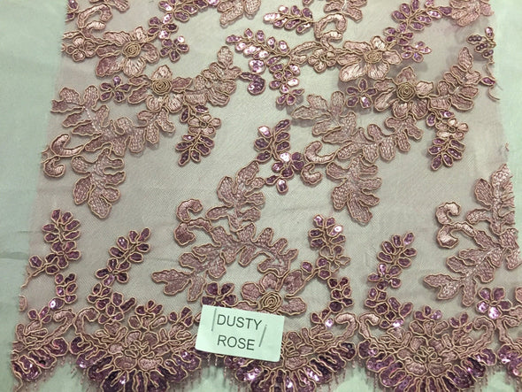 Dusty rose corded flowers embroider with sequins on a mesh lace fabric-dresses-fashion-decorations-prom-nightgown-apparel-sold by the yard-