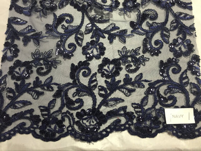 Navy blue corded flowers embroider with sequins on a mesh lace fabric-wedding-bridal-prom-nightgown-sold by the yard-