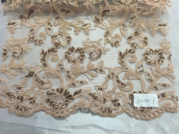Nude corded flowers embroider with sequins on a mesh lace fabric-wedding-bridal-prom-nightgown-sold by the yard-