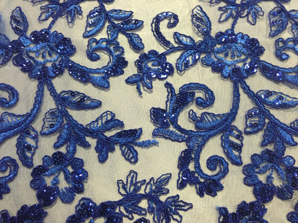 Royal blue corded flowers embroider with sequins on a mesh lace fabric-wedding-bridal-nightgown-dresses-apparel-fashion-sold by the yard-