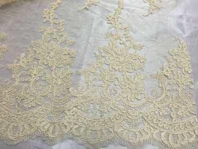 Cream french corded flowers embroider on a design mesh lace fabric-sold by the yard-
