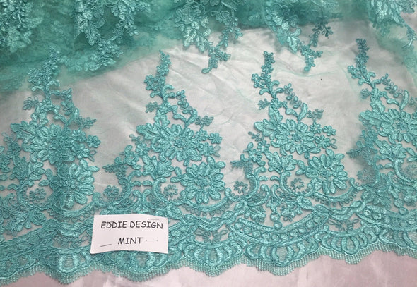Mint french corded flowers embroider on a design mesh lace fabric-sold by the yard-