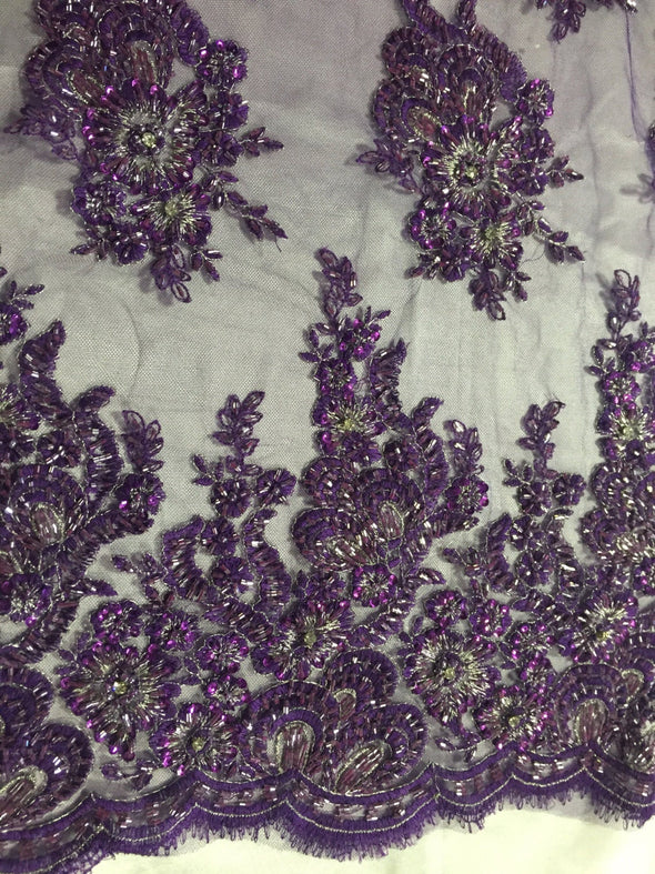 Purple flowers embroider and heavy beaded on a mesh lace fabric-sold by the yard-