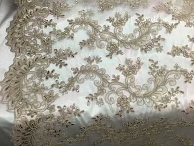 Taupe corded french design-embroider with sequins on a mesh lace fabric-sold by the yard-