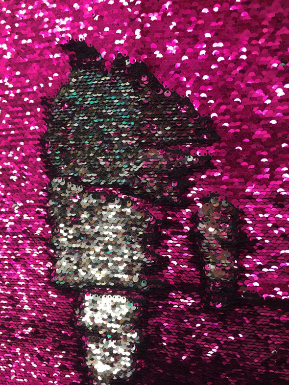 Fuchsia / silver hologram mermaid fish scales 2 way stretch lycra 2 tone flip flop sequins-prom-nightgown-decorations-sold by yard