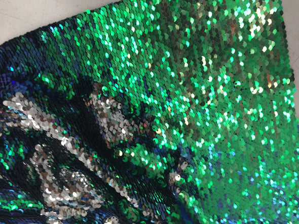 Multi color / silver hologram mermaid fish scales 2 way stretch lycra 2 tone flip flop sequins-prom-nightgown-decorations-sold by yard
