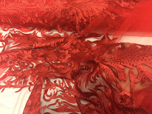 Red rhinestone vines embroider on a mesh lace fabric-dresses-fashion-decorations-nightgown-prom-sold by the yard.