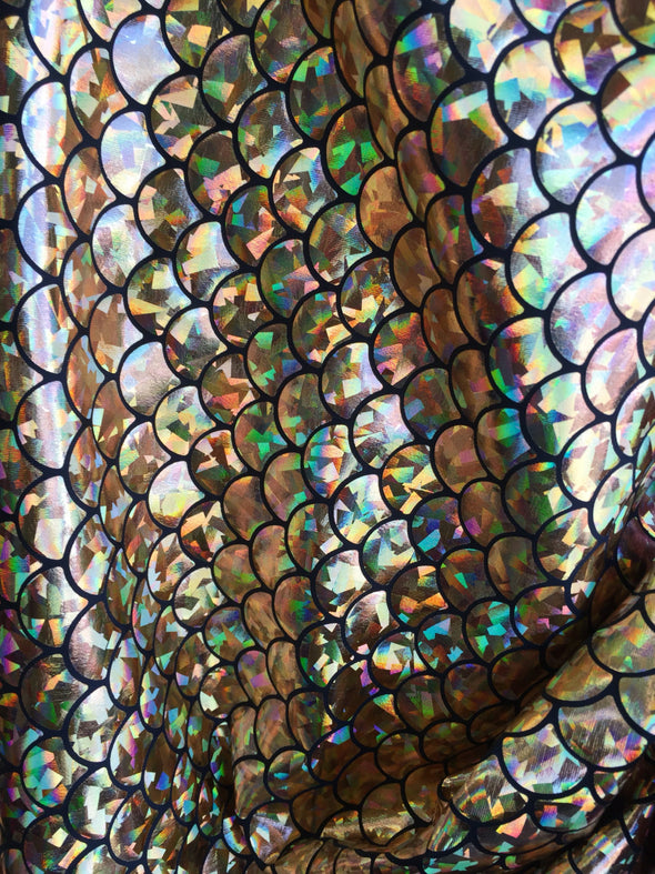 Gold hologram mermaid fish scales- 2-way stretch spandex- sold by the yard-